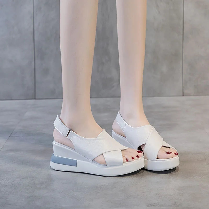 DRKANOL Fashion Ladies Sandals 2025 Summer Cross Genuine Cow Leather Wedges High Heel Casual Sandals Women Summer Platform Shoes