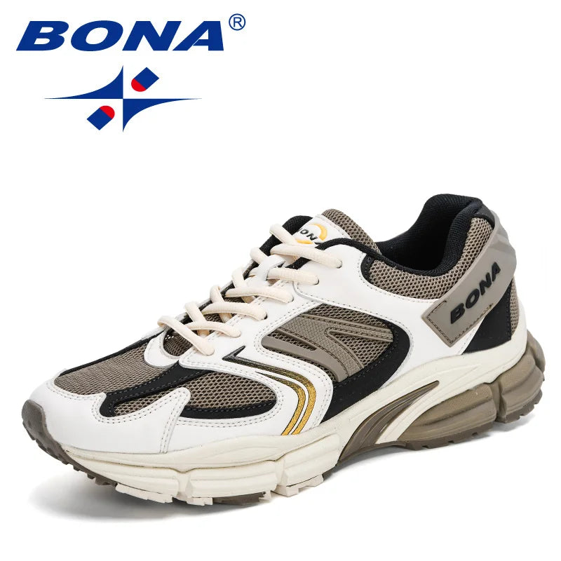 BONA New Designers Action Leather Mesh Men Running Shoes Sneakers Trainers Lightweight Antiskid Outdoor Walking Shoes Man