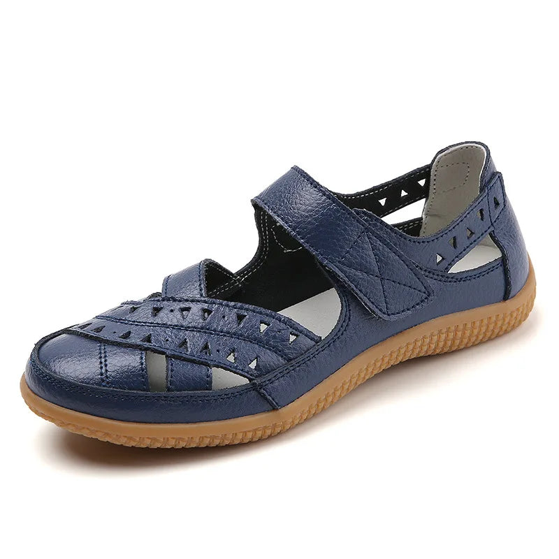 WOIZGIC Female Women Mother Genuine Leather Hollow White Shoes Sandals Flats Loafers Summer Cool Beach Plus Size 41 42