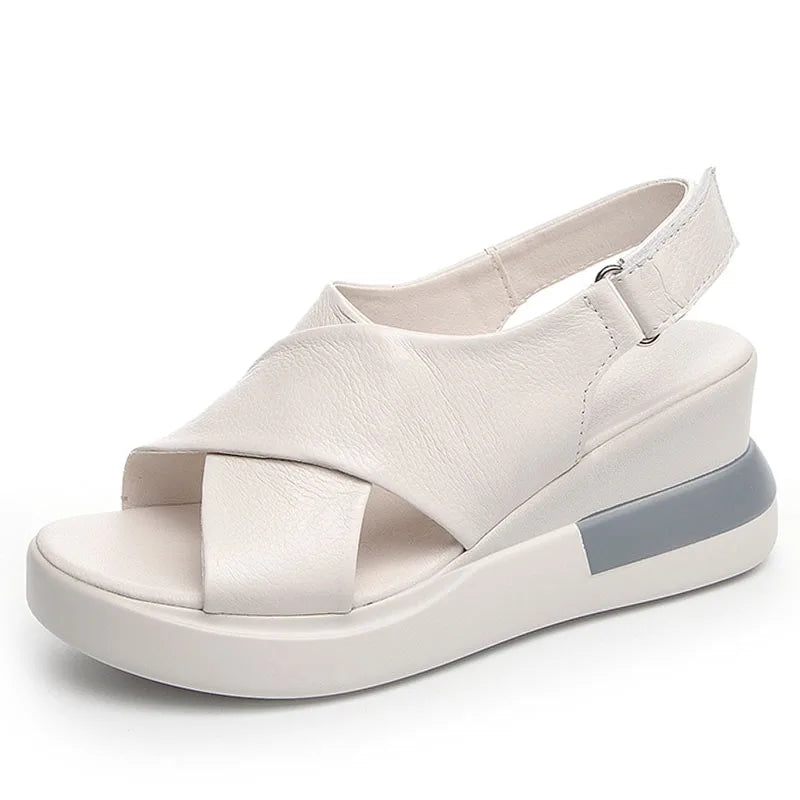 DRKANOL Fashion Ladies Sandals 2025 Summer Cross Genuine Cow Leather Wedges High Heel Casual Sandals Women Summer Platform Shoes