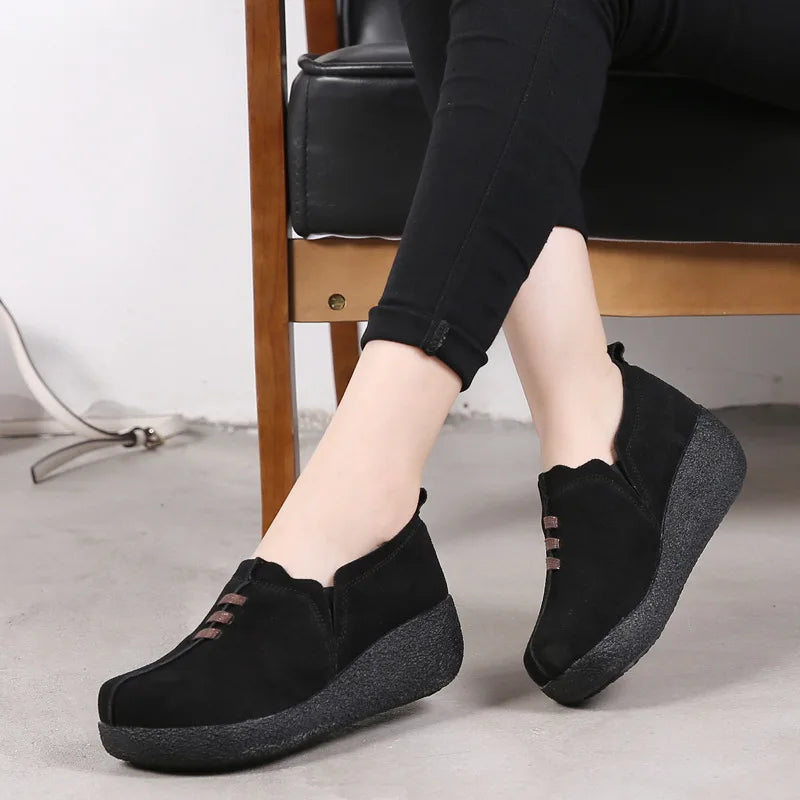 WOIZGIC Women Female Mother Ladies Genuine Leather Cow Suede Shoes Flats Platform Slip On Korean Plus Size 42 43 LLX-3022