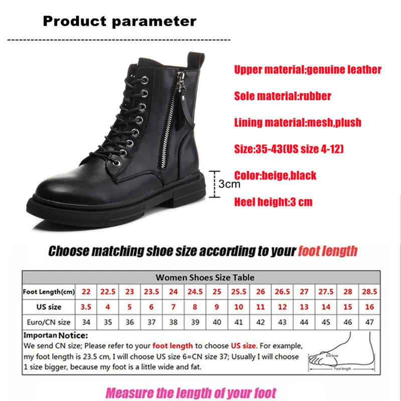 WOIZGIC Women's Ladies Genuine Leather Female Shoes Ankle Boots Platform Lace Up Warm Winter Autumn Fur Plush Motorcycle