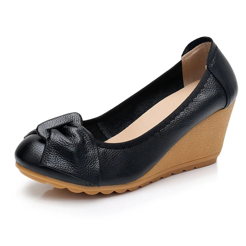 WOIZGIC Women Ladies Female Mother Woman's Genuine Leather Shoes Flats High Heels Slip On Summer Bow-knot Size 34-40 ZBM-A08