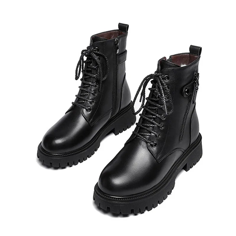 DRKANOL Big Size 35-43 Winter Women Snow Boots Genuine Leather Shearling Flat Heel Ankle Boots Women Wool Warm Platform Shoes