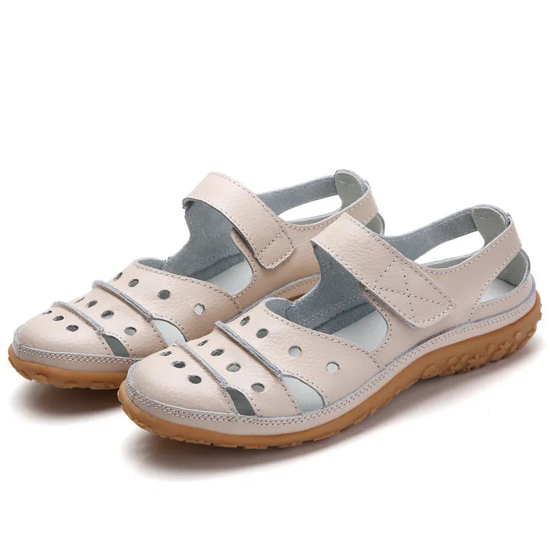 WOIZGIC Mother Women's Female Ladies Genuine Leather White Shoes Sandals Hook Loop Summer Cool Beach Hollow Soft LLX-9566