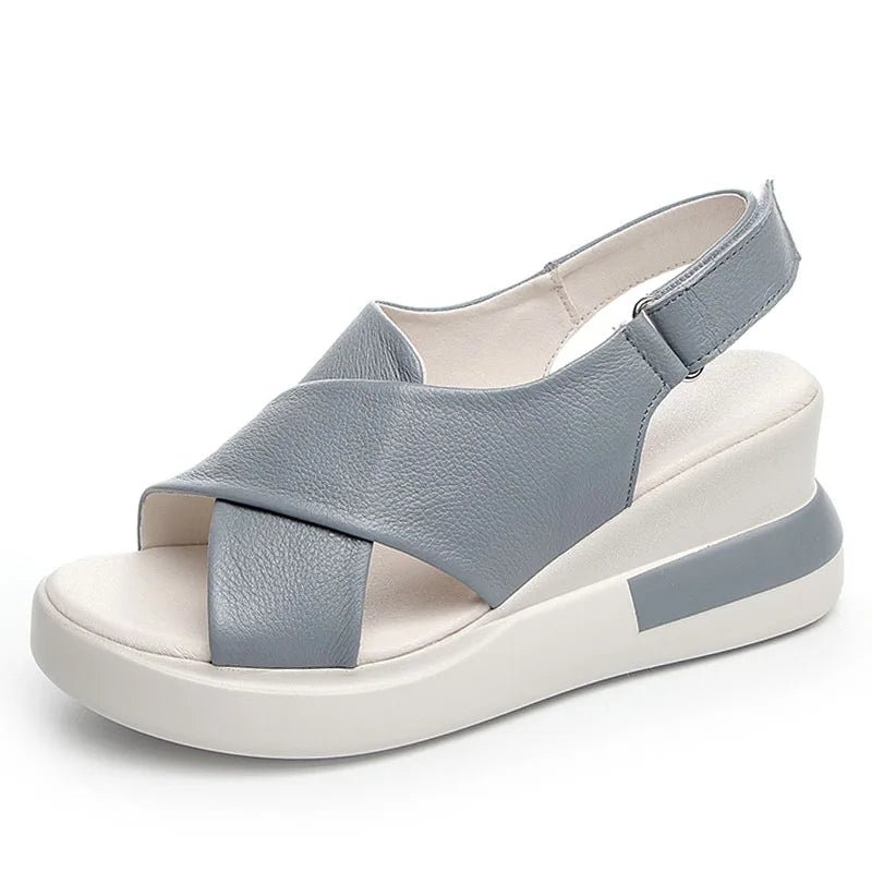 DRKANOL Fashion Ladies Sandals 2025 Summer Cross Genuine Cow Leather Wedges High Heel Casual Sandals Women Summer Platform Shoes