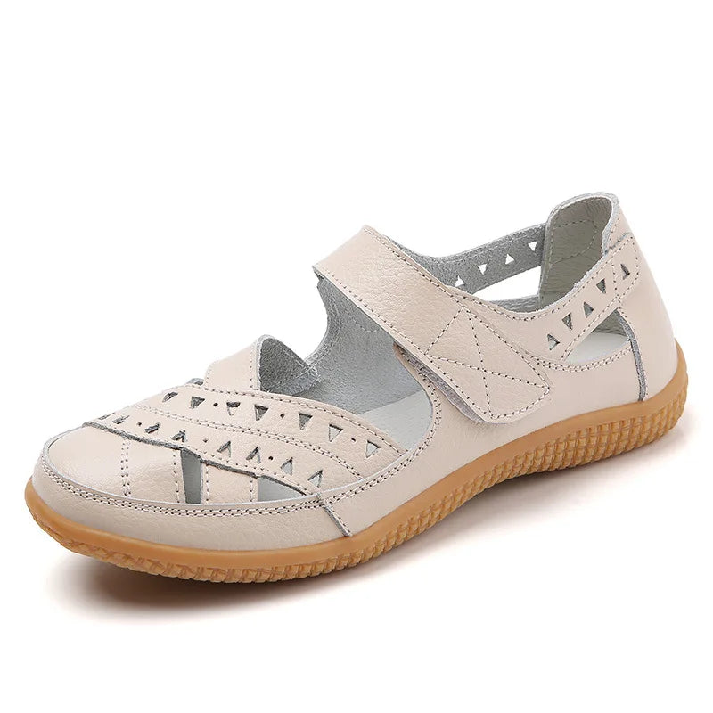 WOIZGIC Female Women Mother Genuine Leather Hollow White Shoes Sandals Flats Loafers Summer Cool Beach Plus Size 41 42