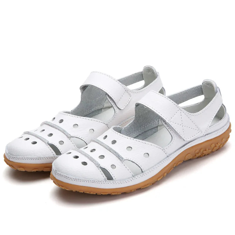 WOIZGIC Mother Women's Female Ladies Genuine Leather White Shoes Sandals Hook Loop Summer Cool Beach Hollow Soft LLX-9566