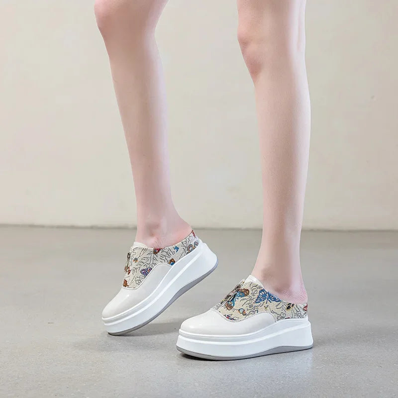 Fujin 7.5cm Patent Cloth Platform Wedge Comfy High Brand Breathable Summer Bao Toe Ladies Slippers Chunky Sneaker Casual Shoes