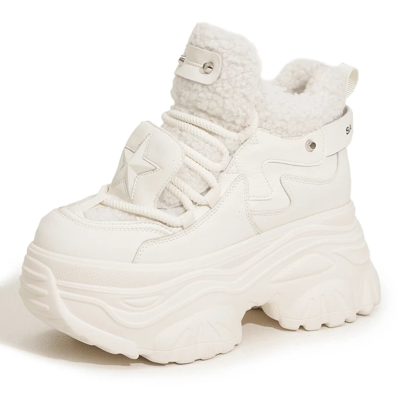 AUTUSPIN 8cm Winter Increased Height Warm Shoes for Women Fashion High Platform Thicken Sneakers Trendy Leather Chunky Shoes
