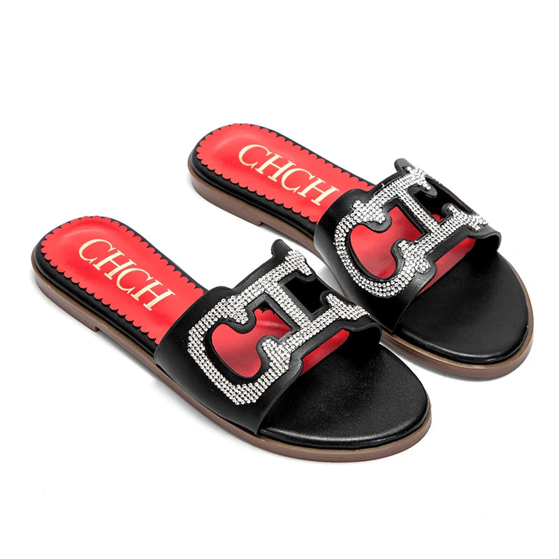 Flat shoes for women's summer square open toe beach shoes with inlaid embellishments sandals Girl