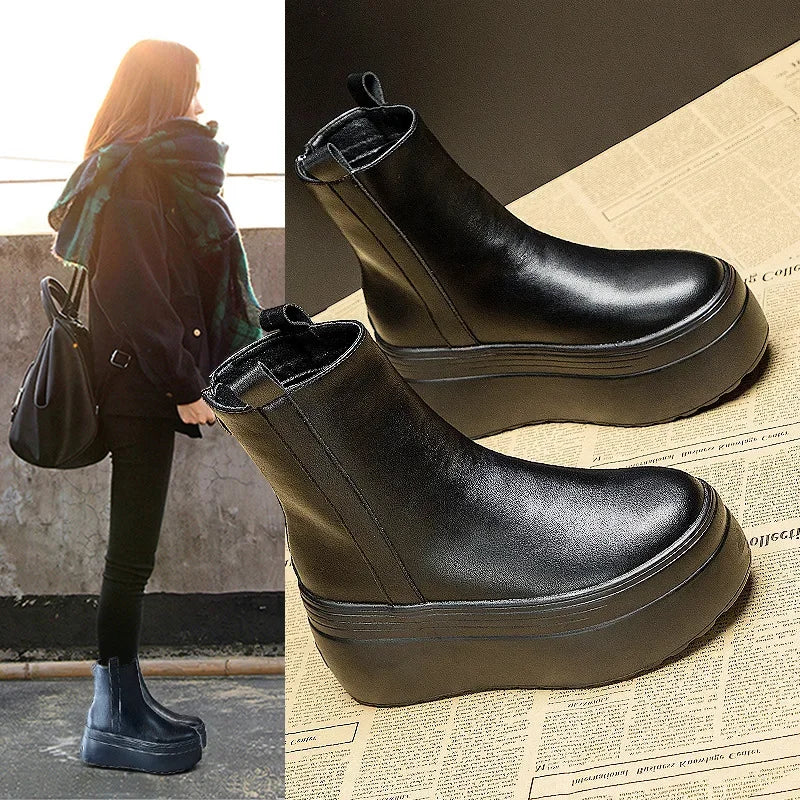 fujin Geunine Leather Super Thick Sole Women's Boots Genuine Leather Autumn Motorcycle Boots Ladies British Women's Ankle Boots