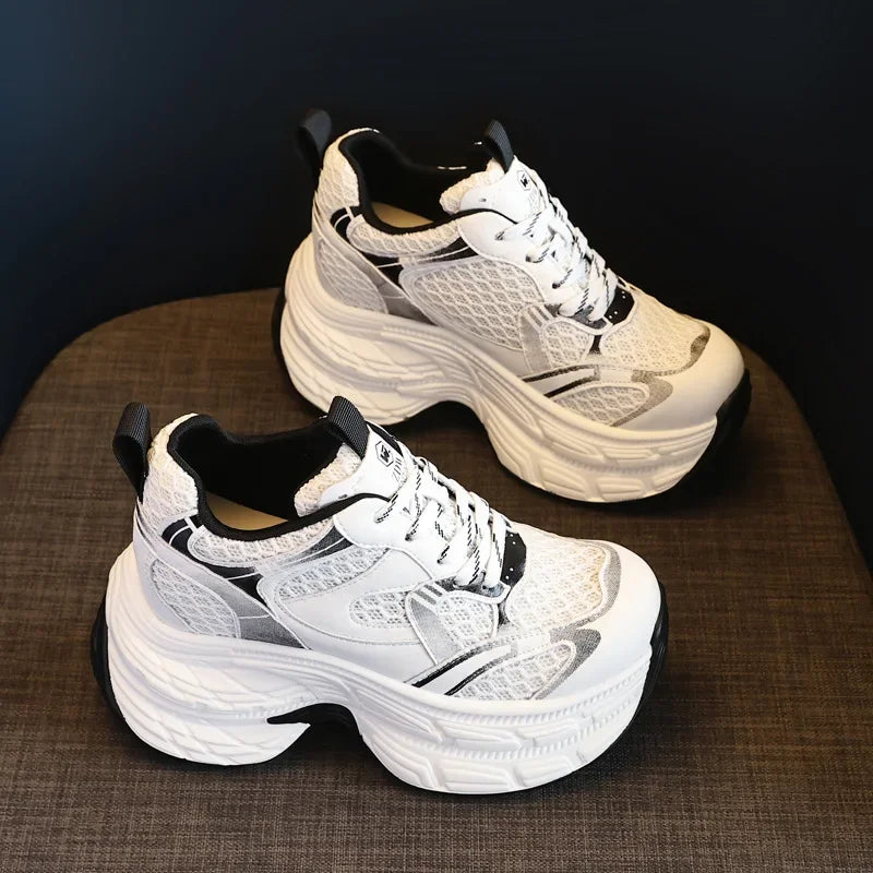 Koznoy 10.5cm Air Mesh Microfiber Leather Vulcanize Casual Women Summer Platform Sneakers Breathable High Brand Ladies Shoes