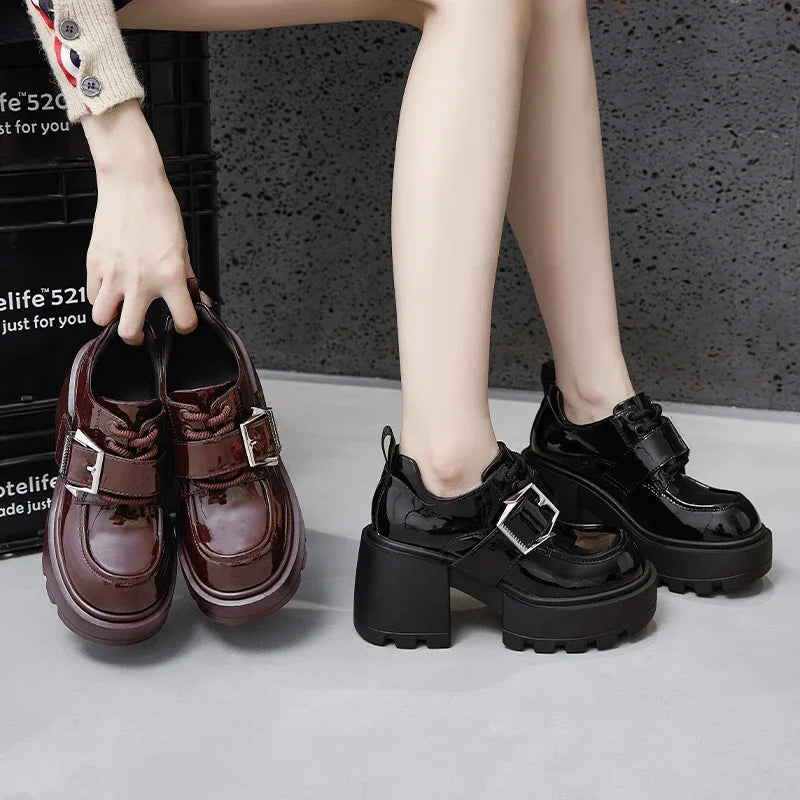AUTUSPIN 8.5cm Square Thick High Heels Women Winter Autumn Patent Leather Pumps Female Leisure Concise Mary Janes Oxfords Shoes