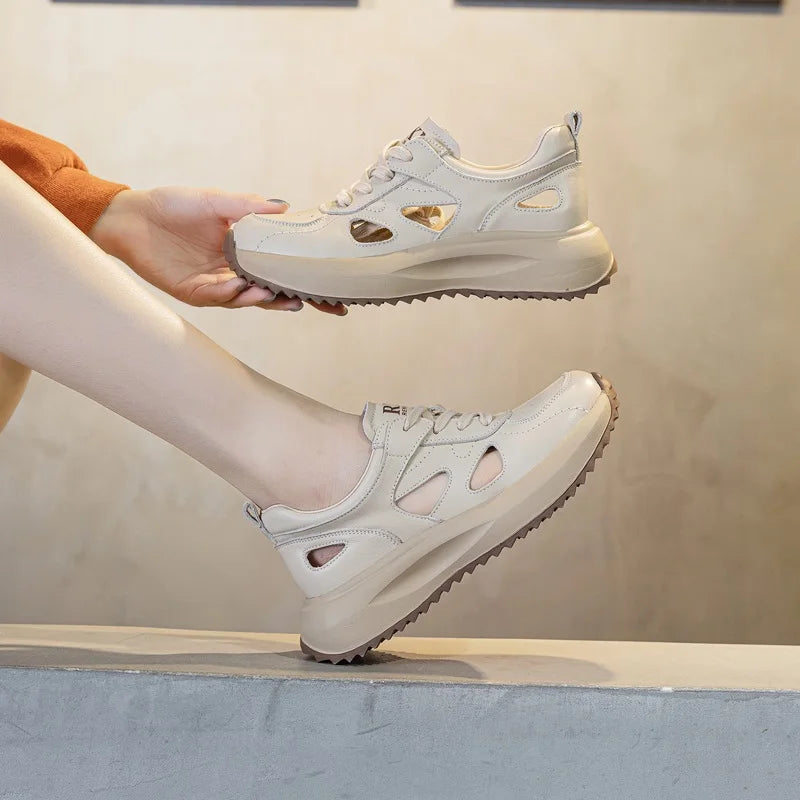 DRKANOL Casual Sneakers Women 2025 Summer Hollow Breathable Genuine Leather Thick Sole Platform Lightweight Ladies Shoes White