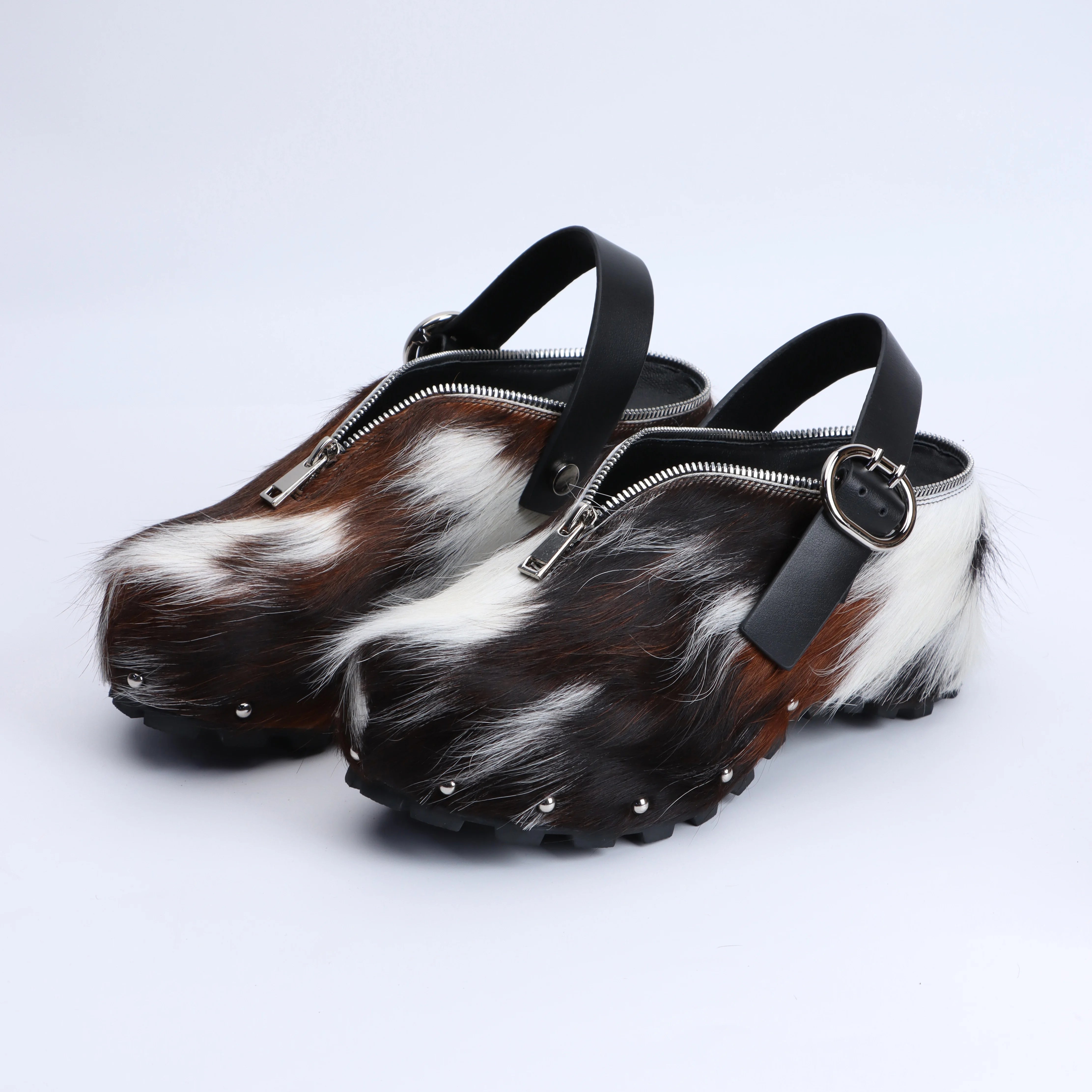 Adjustable Zipper, Luxury Designer Mule Sandals for Women, Handmade Cowhide Fur, Rubber Sole, Latex Insole, Trendy Summer Slides