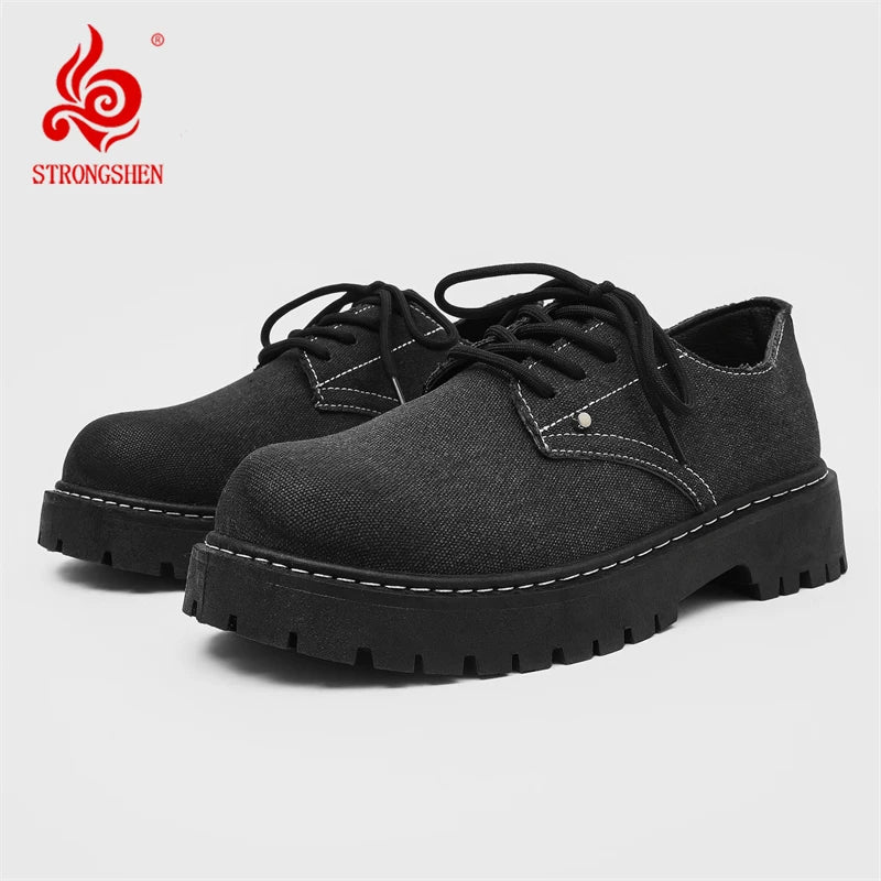 Men's Casual Shoes Comfortable Breathable Canvas Upper Thick Bottom Fashion Sewing Round Toe Leather Chunky Shoes Male Footwear