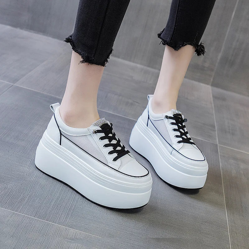 Fujin 8cm White Genuine Leather Platform Heel Women Flats Shoes Comfortable Casual Creepers Chunky Sneaker Summer Shoes Women