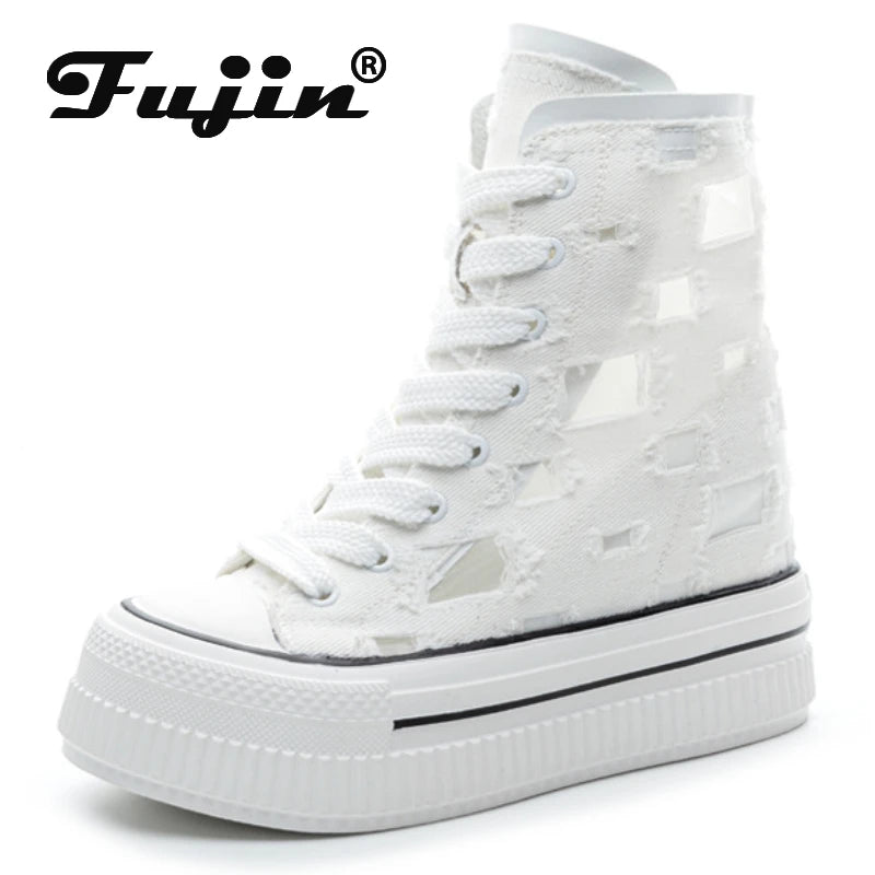 Koznoy 13CM Denim Air Mesh  Women Chunky Sneakers Hollow Ankle Booties High Brand Platform Wedge Flats Fashion Causal Shoes