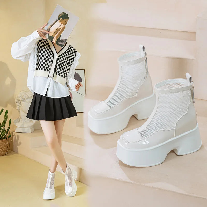 Fujin 11cm Air Mesh Patent Leather Boots Chimney Summer Motorcycle Sandals Hollow Ankle Booties Women Moccasins Fashion Shoes