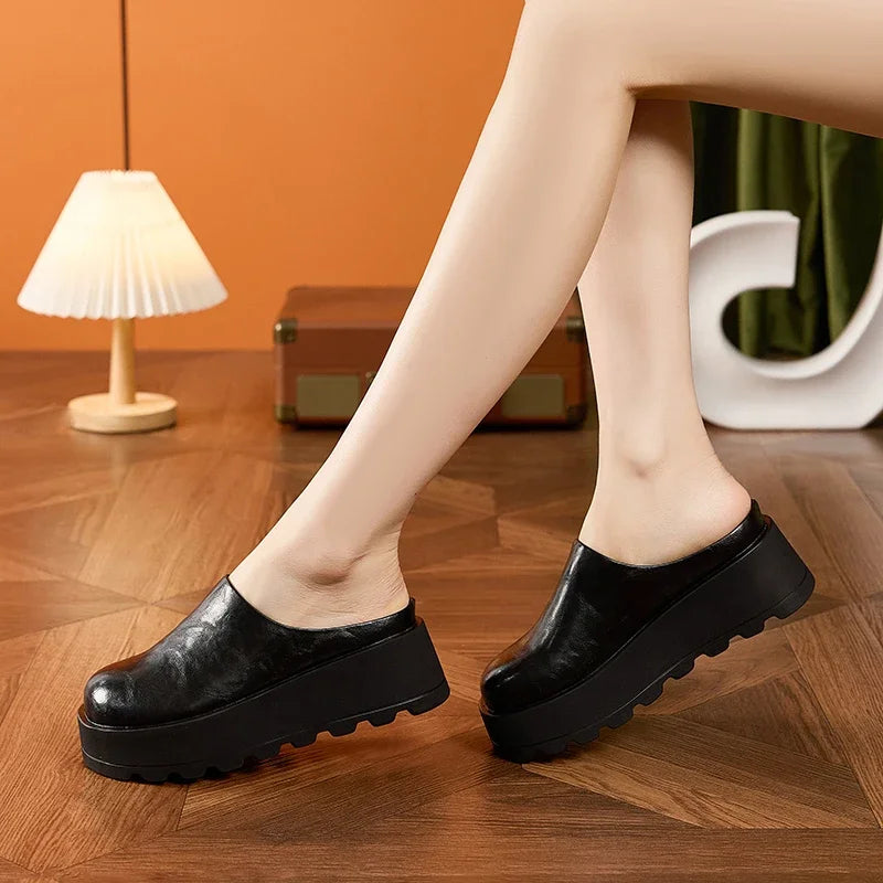 AUTUSPIN 7cm High Heels Mules Shoes for Women 2025 Spring Summer Fashion Thick Soled Ladies Slippers Round Toe Loafers Woman