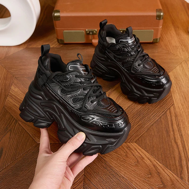 AUTUSPIN White Thick Bottom Women Shoes 2025 Spring Summer Breathable Mesh Splicing Leather Sneakers Female Outdoor INS Popular