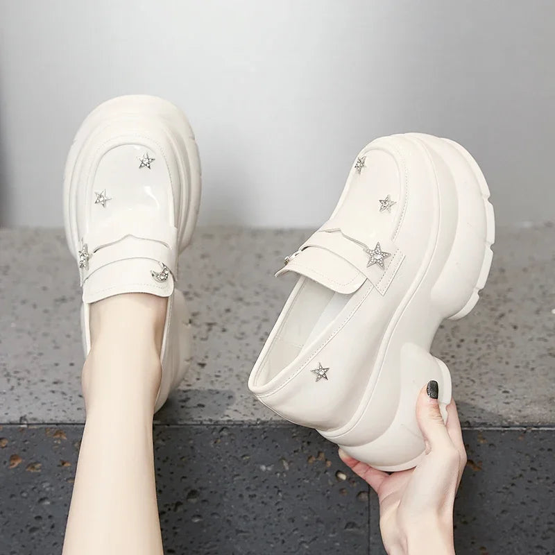 AUTUSPIN 8.5cm Fashion Wedges Pumps Women Spring Summer Shallow Shoes Soft Leather Loafers Female Crystal Platform High Heels