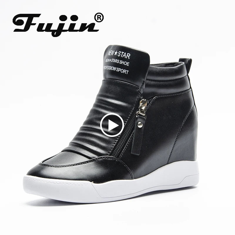 Fujin 6.5cm 2024 Summer Autumn Platform Wedge Heel Boots Women Shoes Fashion Casual Zip Botas Platform Female Leather Sneakers