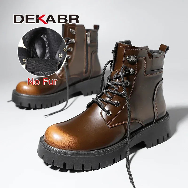 DEKABR New Comfortable Autumn Winter Warm Fur Boots Genuine Leather Soft Mens British Style Handmade Non-Slip Boots Size 38-45