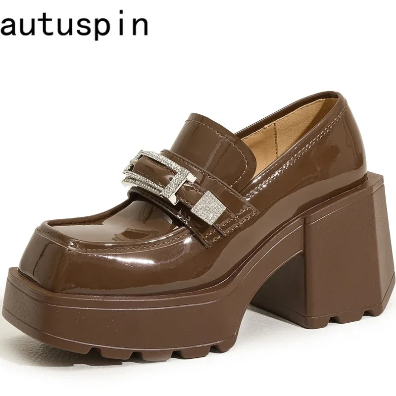 AUTUSPIN 9cm High Thick Heels Mary Janes Shoes Women Fashion Crystal Woman Pumps Patent Leather Shallow Female Platform Shoes