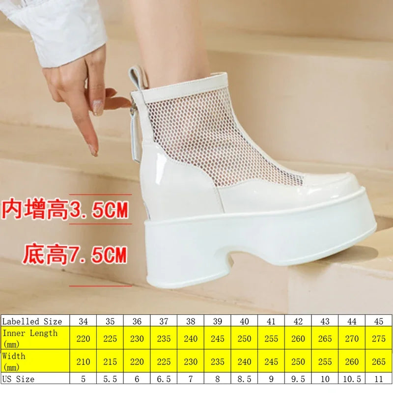 Fujin 11cm Air Mesh Patent Leather Boots Chimney Summer Motorcycle Sandals Hollow Ankle Booties Women Moccasins Fashion Shoes