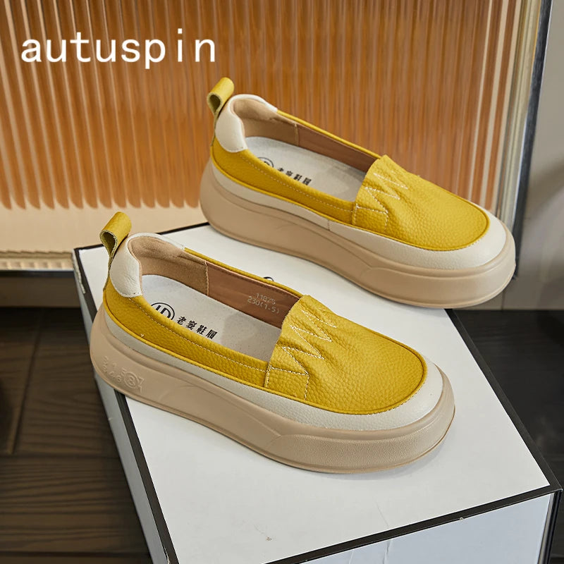 AUTUSPIN Summer Women Loafers Genuine Leather Flats Chunky Ladies Shoes Outdoor Slip-on Pumps Female Leisure Soft Leather Shoes