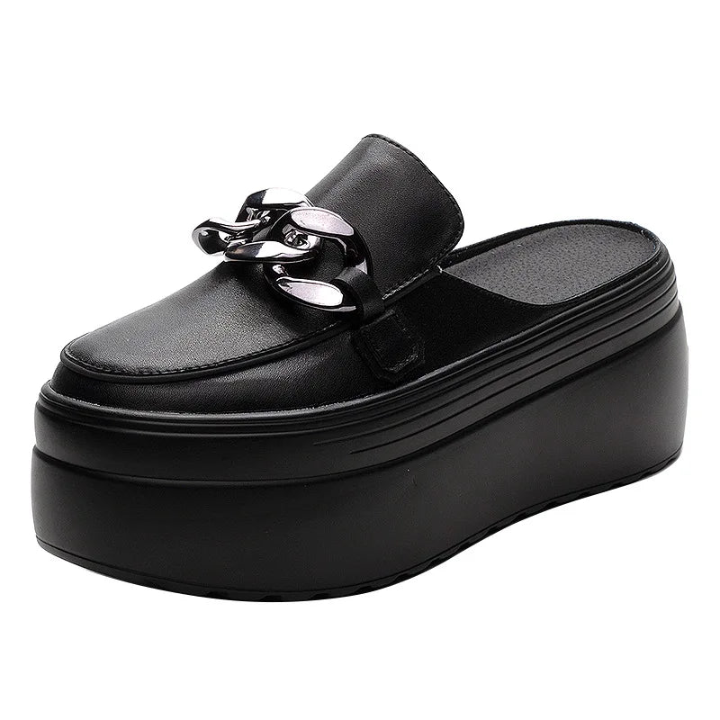 Fujin 7cm Genuine Leather Platform Shoes Wedge Slippers Chain Women Summer Shoes Genuine Leather Mules Sandals Slides For Women