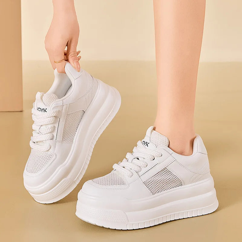 Koznoy 8.5cm Air Mesh Microfiber Leather Women Vulcanize Summer Breathable Lady High Brand Chunky Sneakers Platform Comfy Shoes