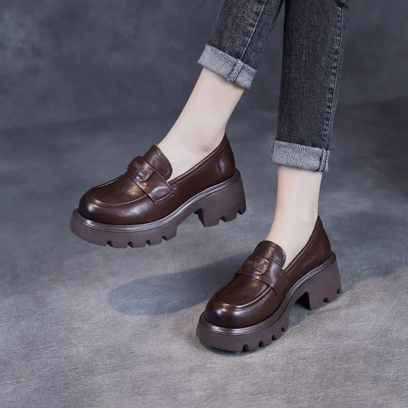 DRKANOL 2025 Spring Women Shoes Thick Heel Slip On Loafers Handmade Retro Chunky Platform Round Toe Pumps Ladies High Heel Shoes