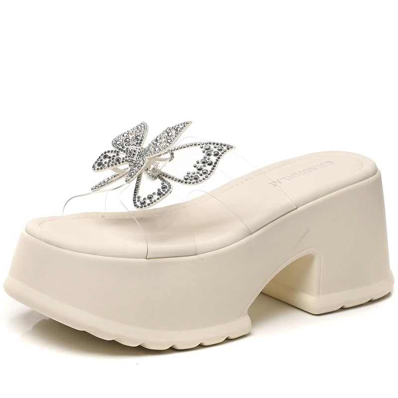 AUTUSPIN 9cm High Thick Heels Women Sandals Summer Sexy Fashion Slides Shoes Crystal Buttetfly PVC Transperant Ladies Shoes
