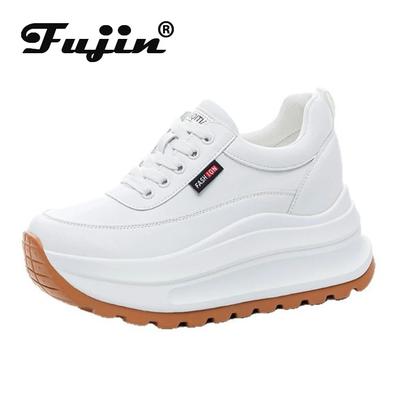 Fujin 8cm Heel Sneakers Genuine Leather White Platform Sneakers for Women Chunky Platform Women Fashion Sneaker Shoes Wedge Heel