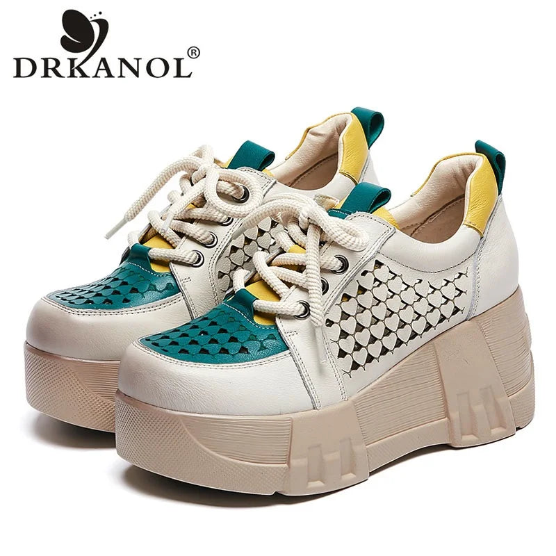 DRKANOL Fashion Summer Chunky Platform Shoes Women 2024 Genuine Cow Leather Mixed Colors Hollow Out Breathable Wedges Heel Shoes