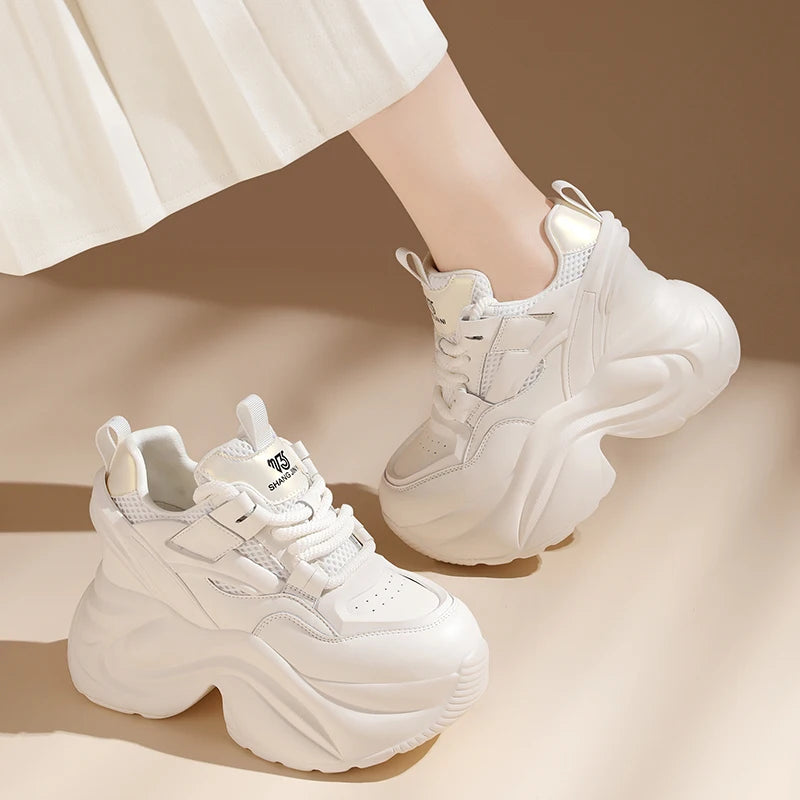 AUTUSPIN 8cm High Platform Shoes for Women 2024 Spring Summer Fashion Microfiber Leather Patchwork Ladies Casual Sneakers Woman