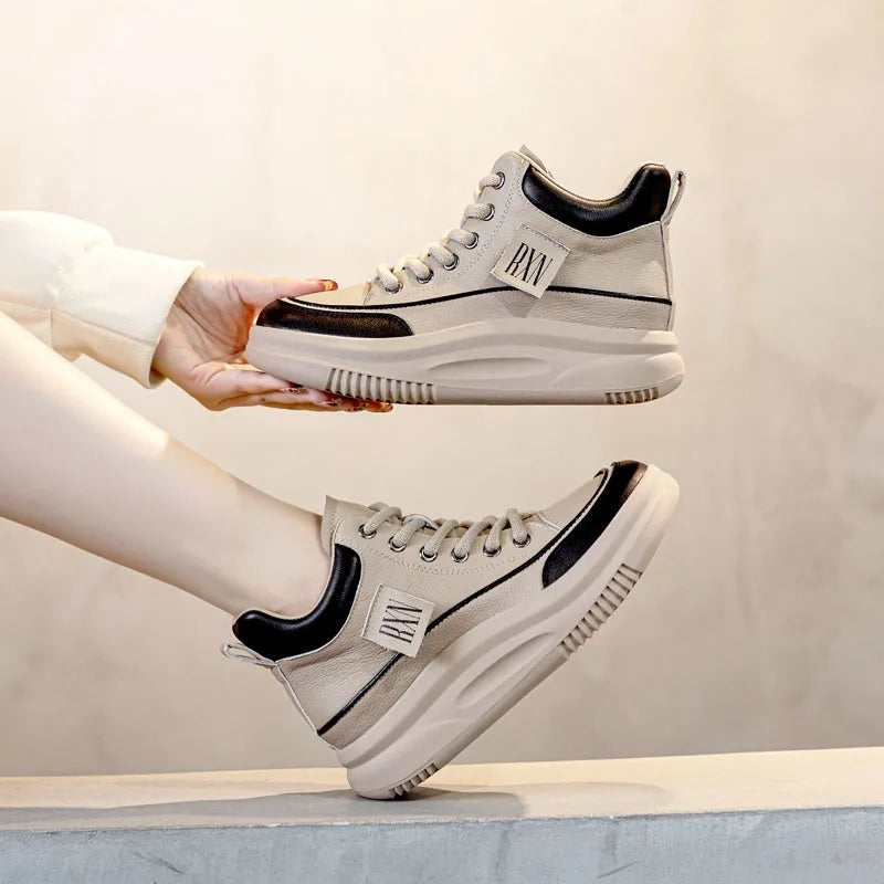 DRKANOL 2025 Women Chunky Platform Ankle Boots Mixed Colors Genuine Cow Leather Lace-Up Thick Soled Wedges Heel Cotton Boots