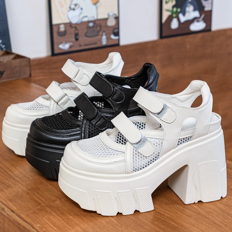 AUTUSPIN Summer Women Mary Janes High Heels Sandals Fashion Mesh Patchwork Leather Breathable Ladies Shoes Party Wedding Pumps