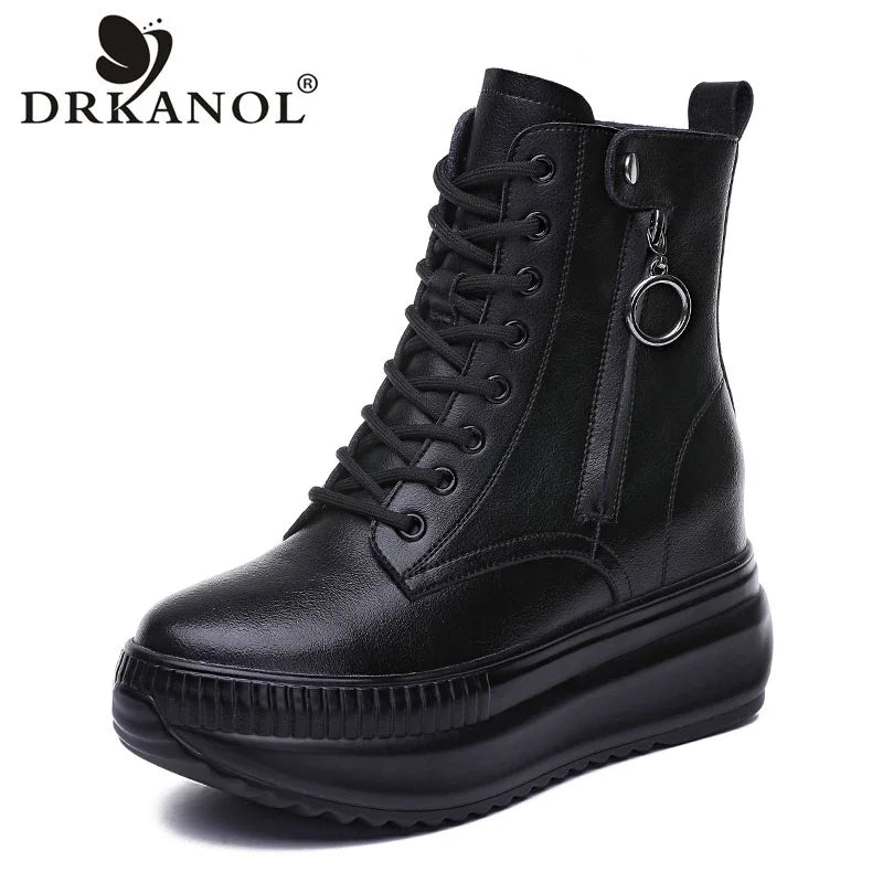 DRKANOL Height Increasing Ankle Boots For Women Real Cowhide Chunky Platform Casual Short Boots Autumn Winter Warm Shoes Black