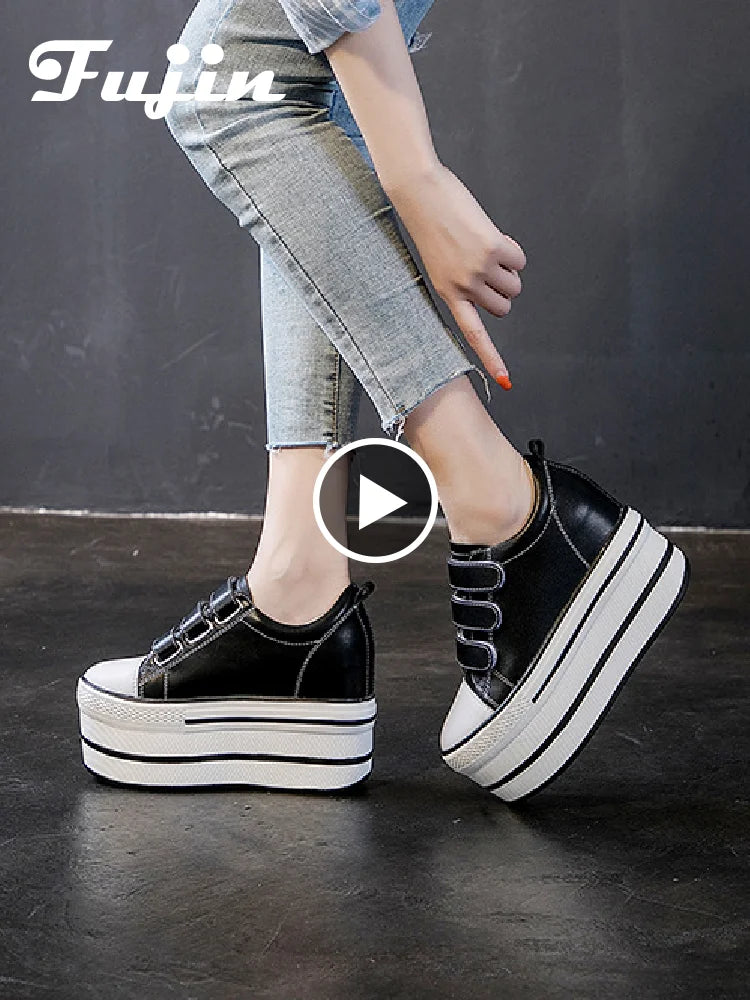 Fujin 12cm Genuine Leather New Women Shoes Platform Heel Platform Sneakers Wedge White Shoes Fashion Women Leather Shoes Casual
