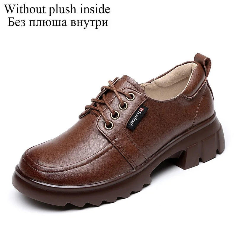 DRKANOL Fashion Women Shoes Lace-Up Round Toe Med Thick Heel Casual Shoes Ladies Real Cowhide Autumn Winter Warm Shoes H5089