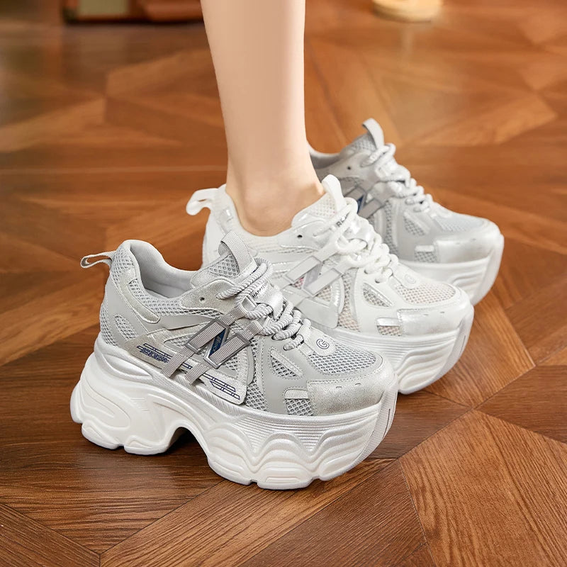 AUTUSPIN 9.5cm Grey Thick Bottom Shoes Women Summer Air Mesh Sneakers Leisure Footwear Female Street Tide High Platform Shoes