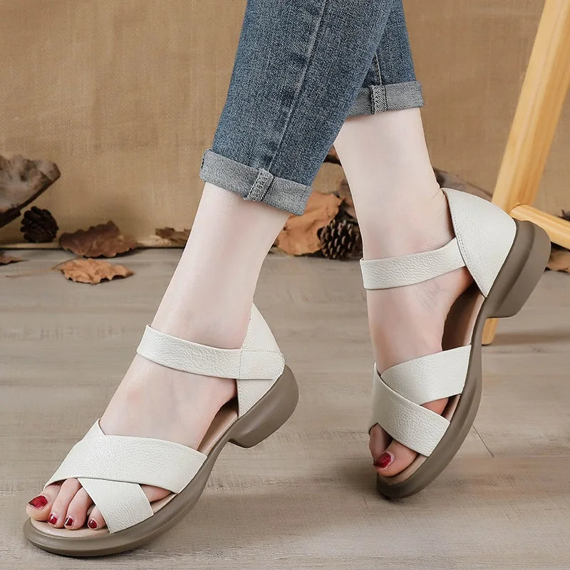 DRKANOL Women Sandals 2025 Summer Open Toe Shoes Solid Color Concise Genuine Leather Thick Heel Hook And Loop Casual Sandals