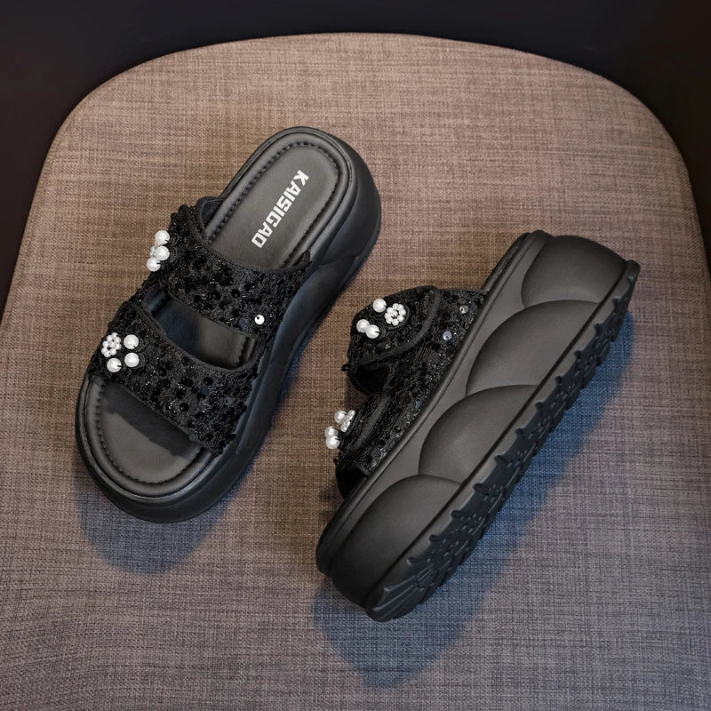 AUTUSPIN 7cm Women Sandals Summer Fashion Wedges Platofrms Shoes Leisure Slides Female Beads Decoration Slippers Size 34-39