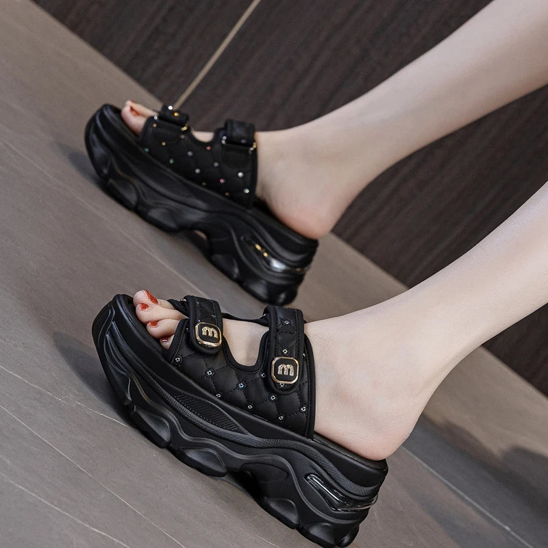 AUTUSPIN 7cm Chunky High Heels Women Summer 2025 New Design Crystal Letter Decoration Sandals Fashion Platform Woman Slippers