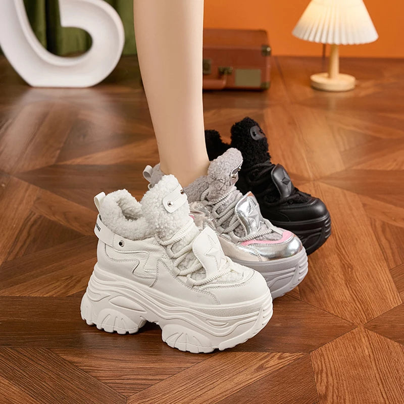 AUTUSPIN 8cm Winter Increased Height Warm Shoes for Women Fashion High Platform Thicken Sneakers Trendy Leather Chunky Shoes