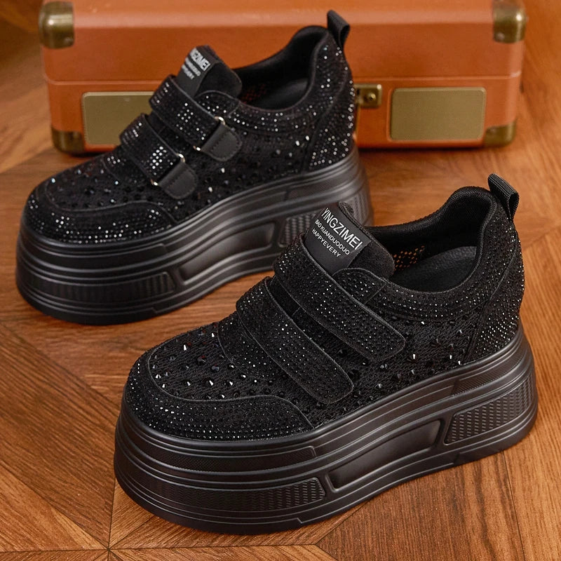 AUTUSPIN 9cm Wedge Women Skateboard Shoes Four Season White Crystal Chunky Sneakers Street Leisure Shoes Woman Street Tide